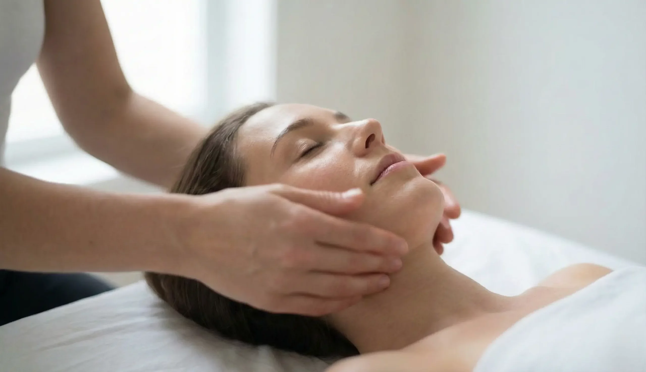 Pacjentka leżąca na łóżku do masażu twarzą do góry, masażystka obiema rękami wykonuje zabieg Kobido.