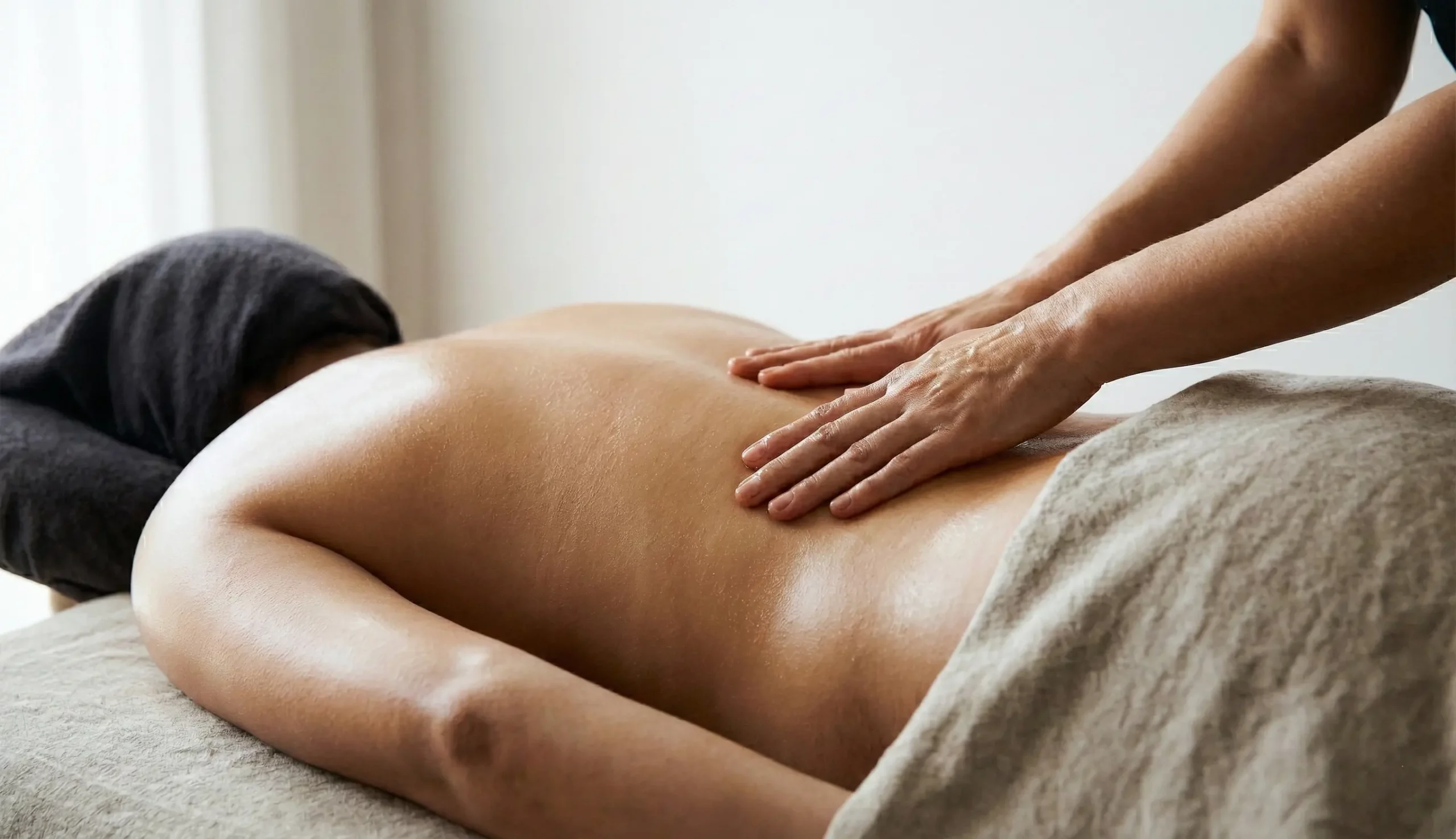 Pacjent leżący na brzuchu, przykryty od pasa w dół ręcznikiem, w czasie masażu relaksacyjnego grzbietu.