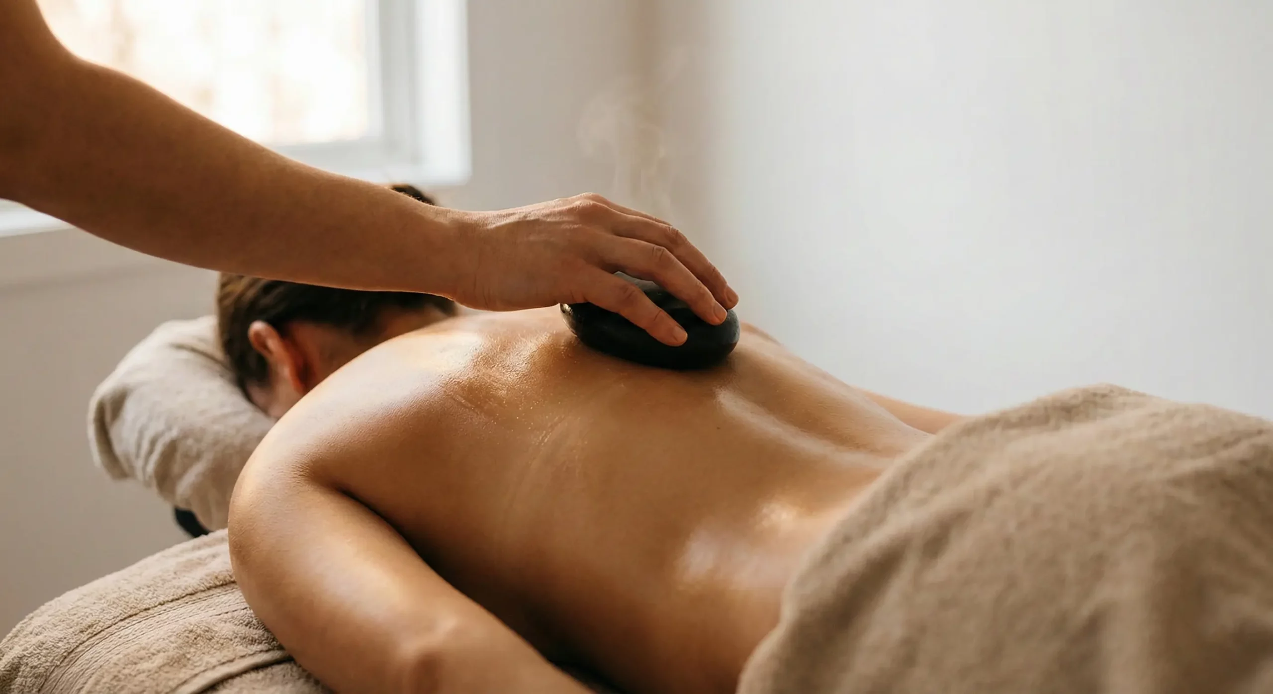 Pacjent leżący na brzuchu, przykryty od pasa w dół ręcznikiem, w czasie masażu grzbietu gorącymi kamieniami.