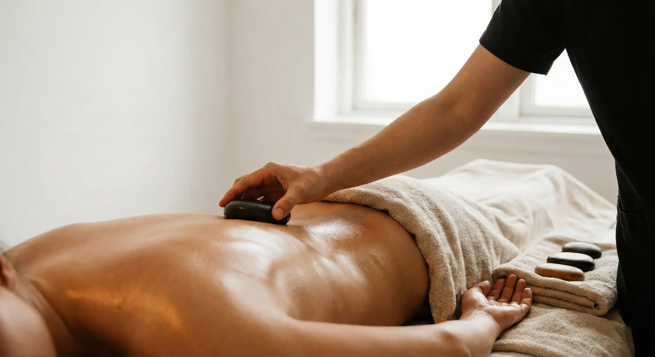 Pacjent leżący na brzuchu, przykryty od pasa w dół ręcznikiem, w czasie masażu grzbietu gorącymi kamieniami.